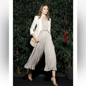 Halston Heritage Halter Pleated Wide Leg Jumpsuit Atmosphere Beige.